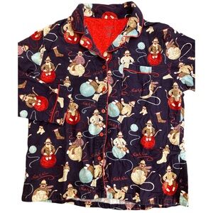 Nick & Nora XL Flannel Cotton Sock Monkey Pajama Top Blue Red Button down